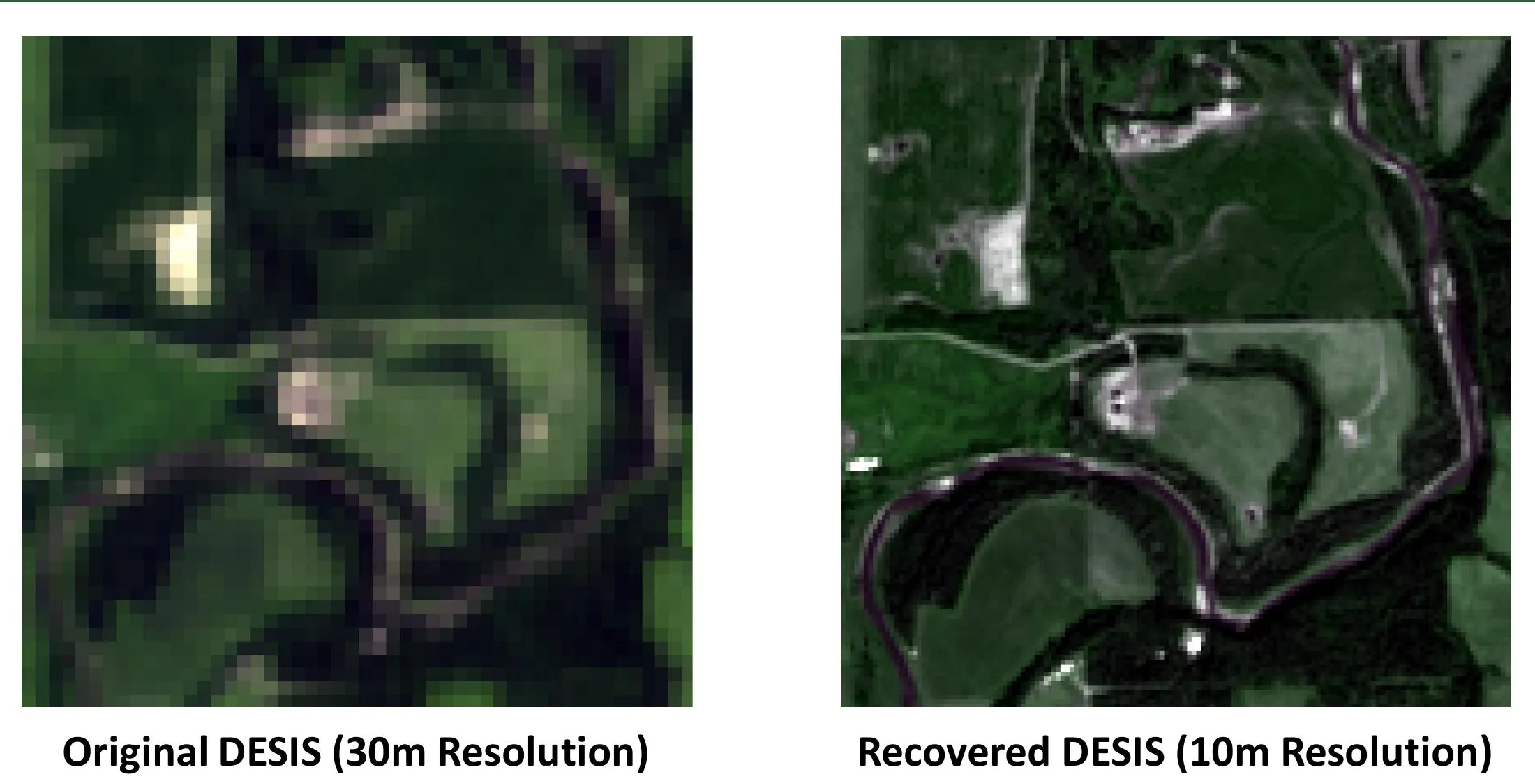 Satellite data enhancement: the same farmland scene shown as original 30 m DESIS imagery and as recovered 10 m imagery, with sharper field boundaries and watercourses