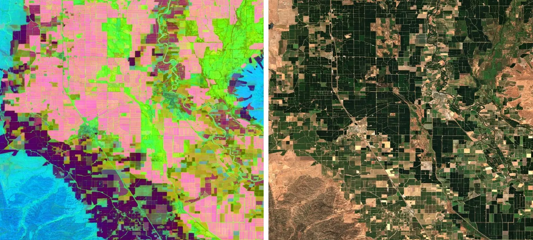 Sacramento Valley in RGB and as a PCA visualization of AlphaEarth embeddings