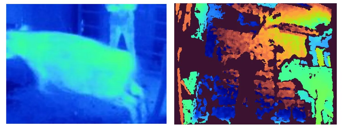 A blue thermal image of a housed animal beside a colour-coded depth map of the same indoor scene