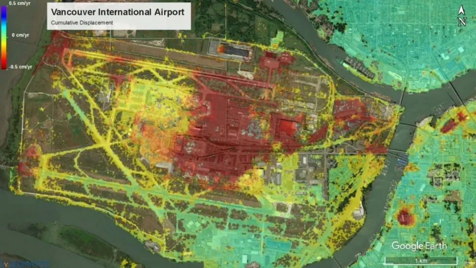 An InSAR displacement map of an airport where colour encodes ground motion
