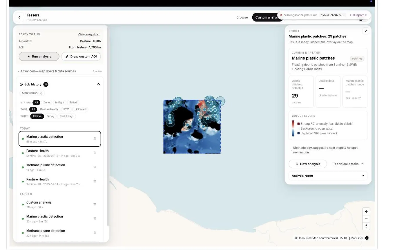 Tessera marine-plastic vertical: candidate floating-debris patches from the Sentinel-2 Floating Debris Index marked on a coastal-water map, with a per-patch result panel
