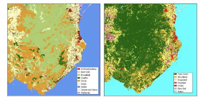 Pair of landcover classification maps with land-class legend