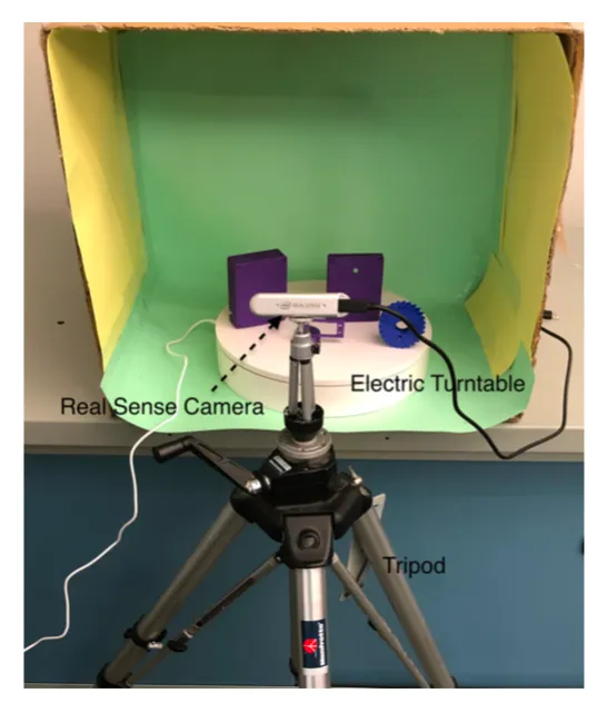 A depth camera and turntable rig capturing objects from every angle