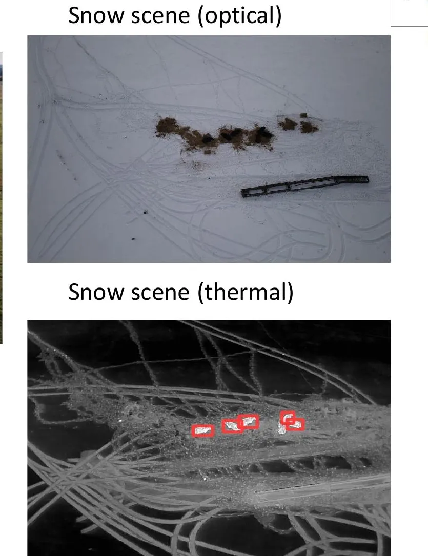 A snow-covered scene shown in optical and in thermal, with the thermal view highlighting warm targets that are hard to see in the optical image